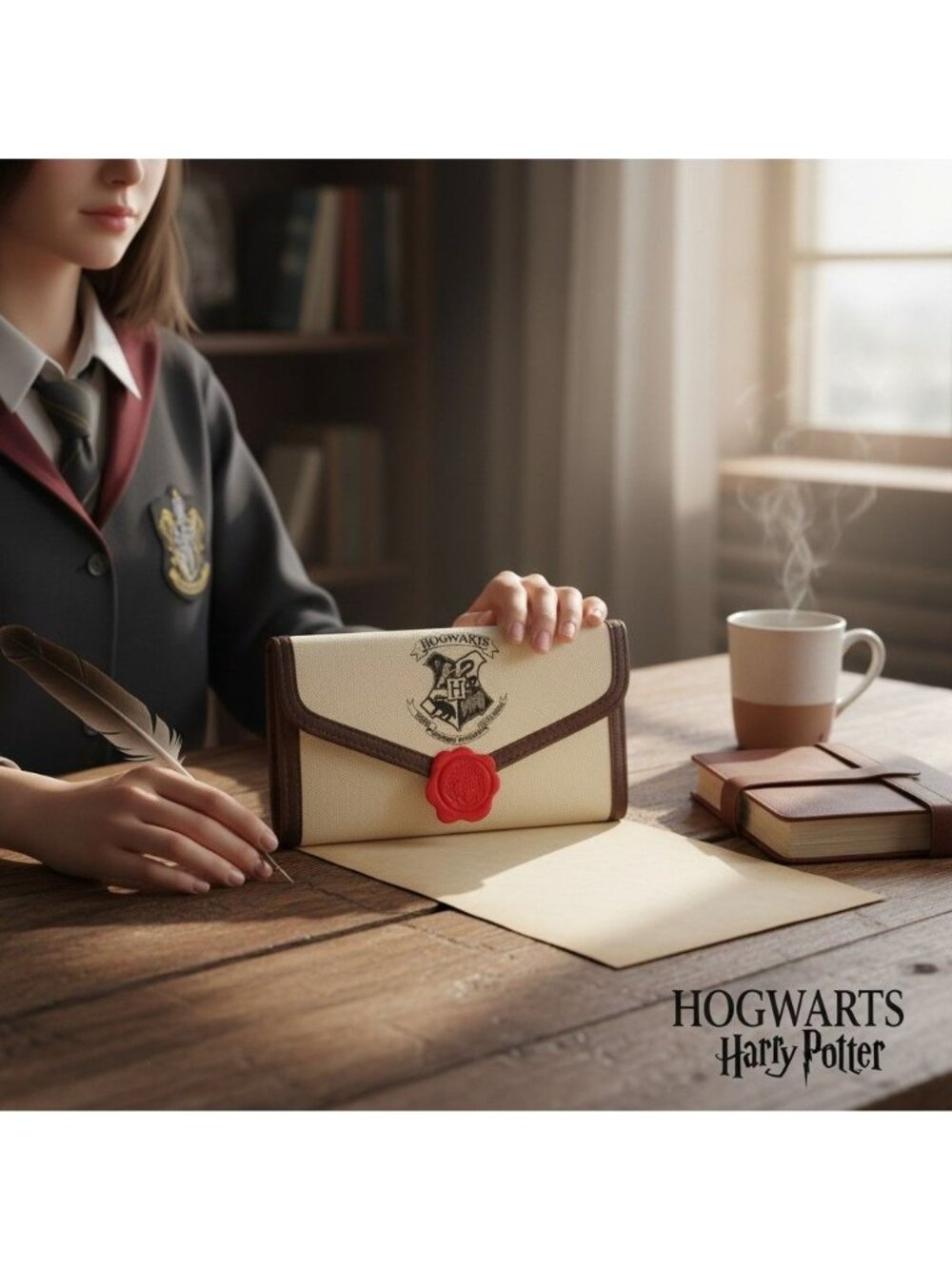 Harry Potter Hogwarts Crest Envelope Wallet Canvas Brown Trim Red Seal Wizardry